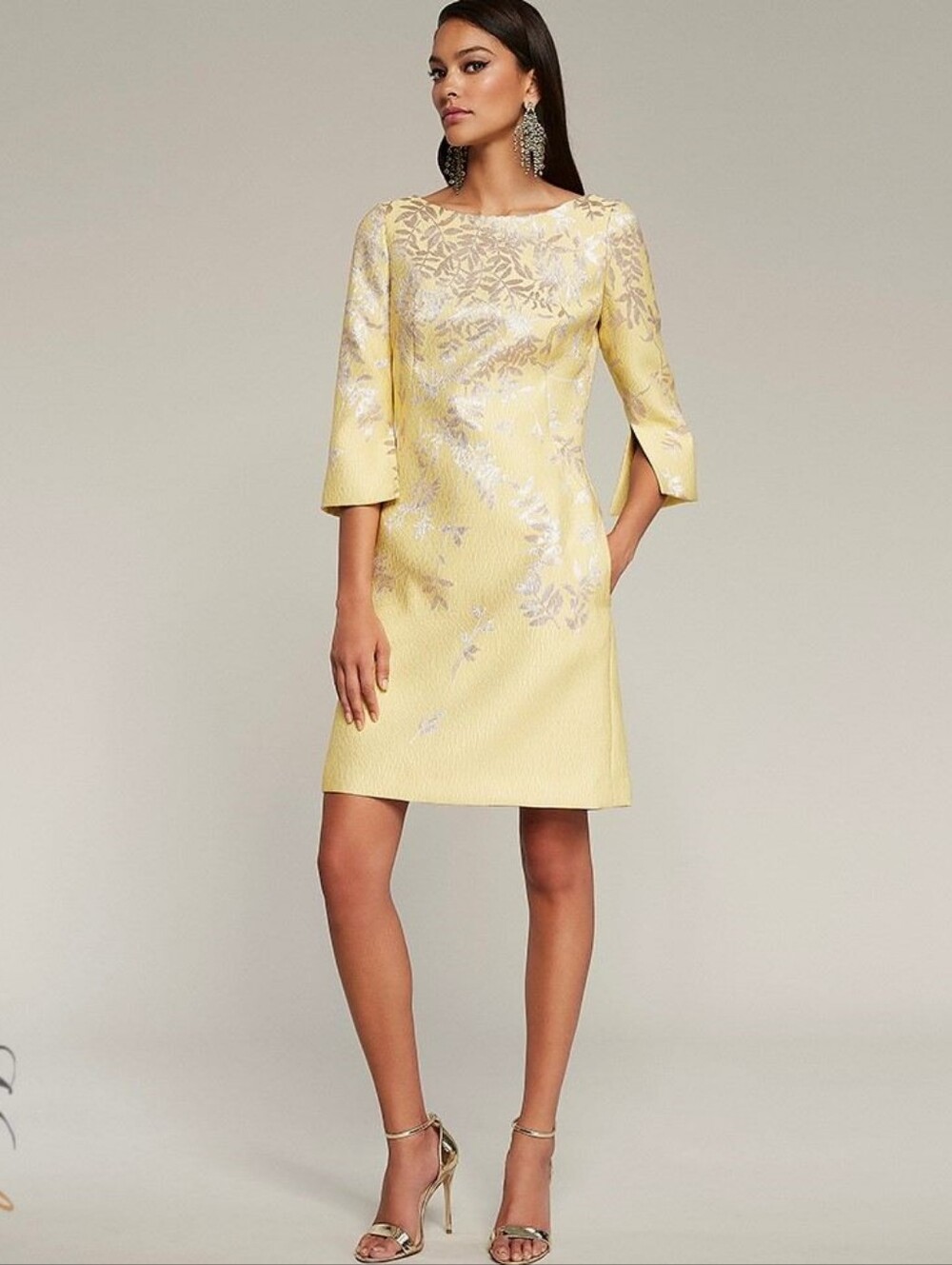 Frascara 4052 Yellow Jacquard Silver Leaf Column Cocktail Dress - Size 4